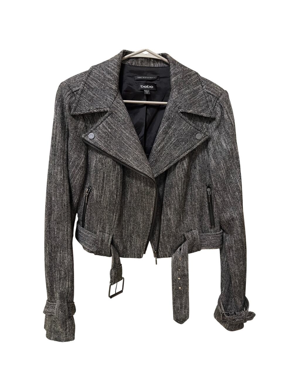 Bebe Cropped Wool Tweed Herringbone Moto Jacket Twee Women's Size 10 Biker Punk
